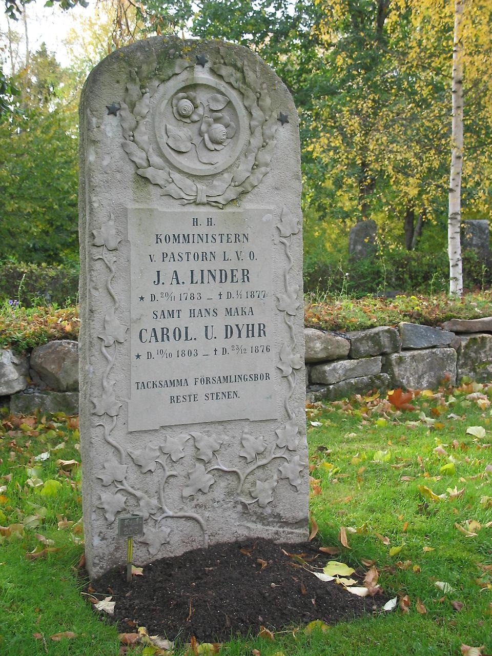 J. A. Linders gravsten på Backens kyrkogård