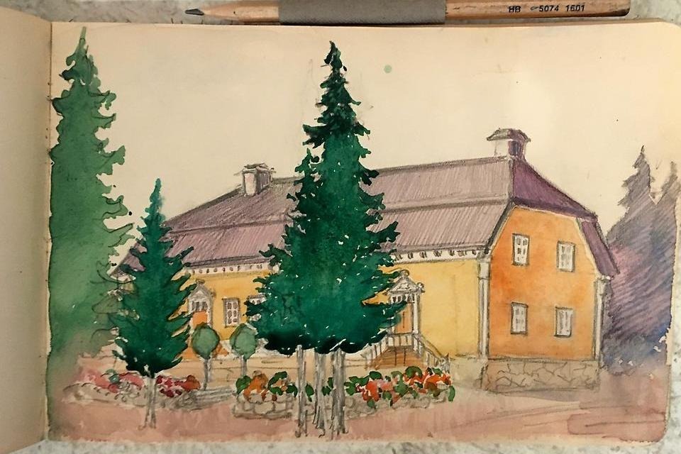 Sävargården, tecknad av Maja Beskow. Maja Beskows personarkiv, Folkrörelsearkivet i Västerbotten.