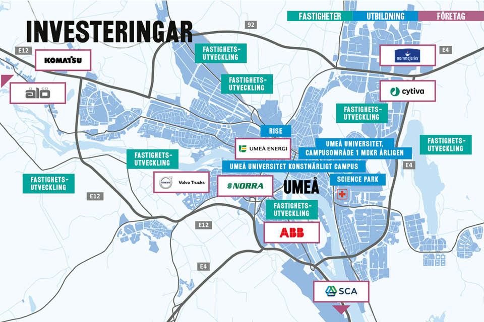 Illustrerad karta som visar investeringar inom fastigheter, utbildning, företag och infrastruktur i Umeå.