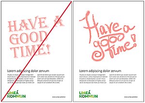 Två exempel på annonser med text som illustration, en med formaterad text som inte godkänns, och en med en godkänd originalillustration