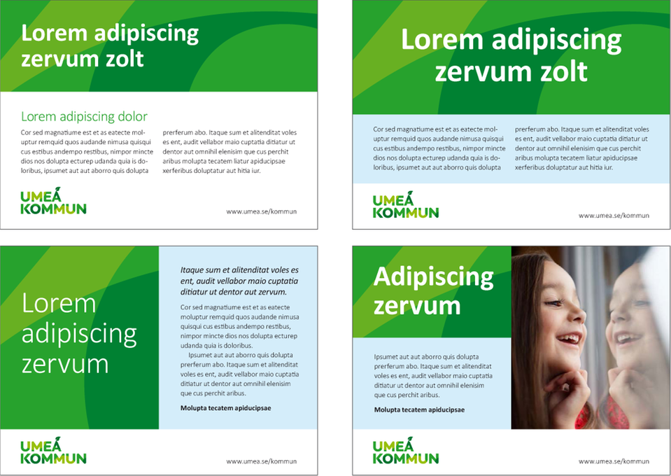Fyra exempel på grafisk utformning av annonser med Umeå kommuns profil.